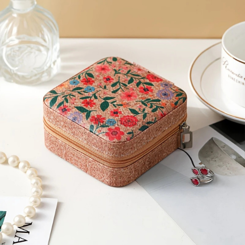 Floral Mini Zipper Jewelry Box – Soft Travel Organizer with Delicate Embossed Texture for Earrings, Rings & Chains | LumeDecor