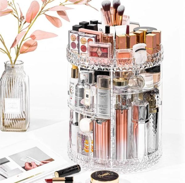 360° Rotating Crystal Makeup Organizer Adjustable Cosmetic Display Stand Box, Makeup Storage box for Vanity Bedroom & Bathroom