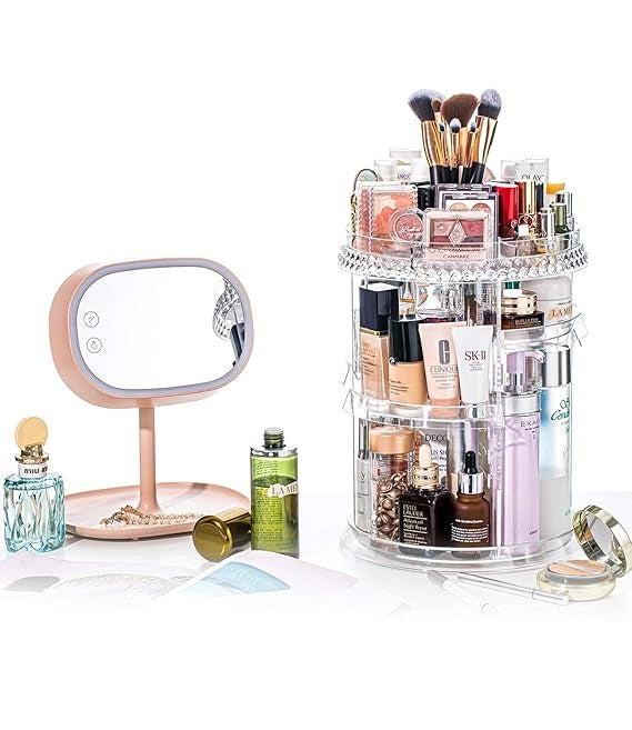 360° Rotating Crystal Makeup Organizer Adjustable Cosmetic Display Stand Box, Makeup Storage box for Vanity Bedroom & Bathroom