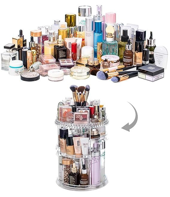 360° Rotating Crystal Makeup Organizer Adjustable Cosmetic Display Stand Box, Makeup Storage box for Vanity Bedroom & Bathroom