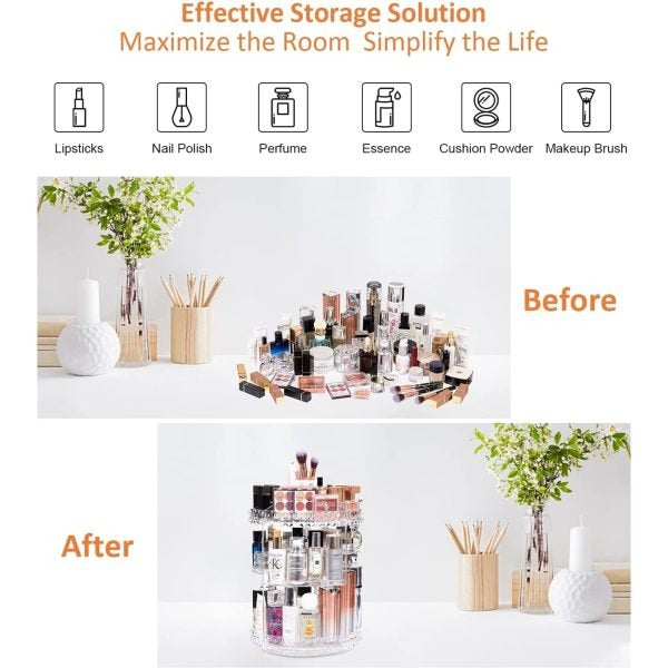 360° Rotating Crystal Makeup Organizer Adjustable Cosmetic Display Stand Box, Makeup Storage box for Vanity Bedroom & Bathroom
