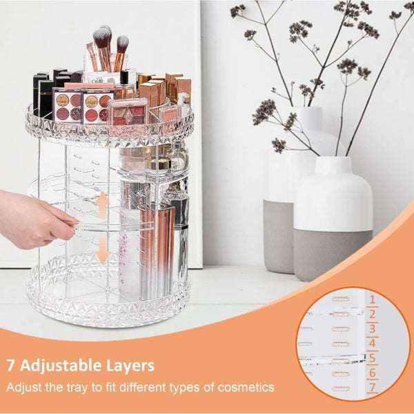 360° Rotating Crystal Makeup Organizer Adjustable Cosmetic Display Stand Box, Makeup Storage box for Vanity Bedroom & Bathroom