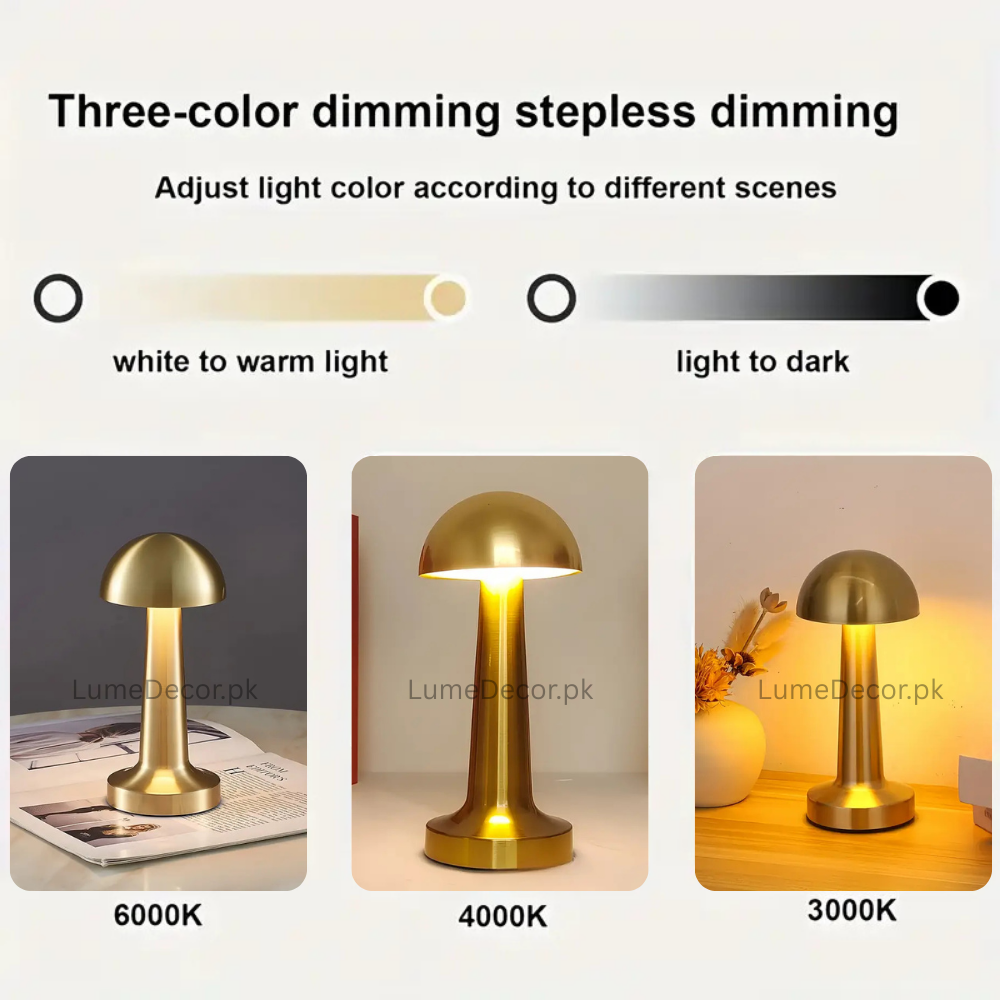Retro Mushroom Shape Metal LED Table Lamp with Touch Sensor & Rechargeable Battery | LumeDecor
