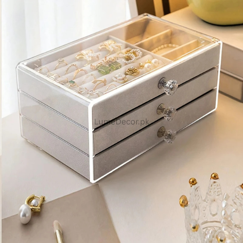 3-Layer Acrylic Jewelry Box with Drawer – Clear Organizer for Rings, Bracelets & Cosmetics | LumeDecor