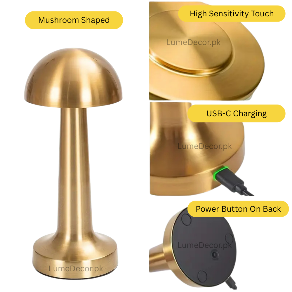 Retro Mushroom Shape Metal LED Table Lamp with Touch Sensor & Rechargeable Battery | LumeDecor
