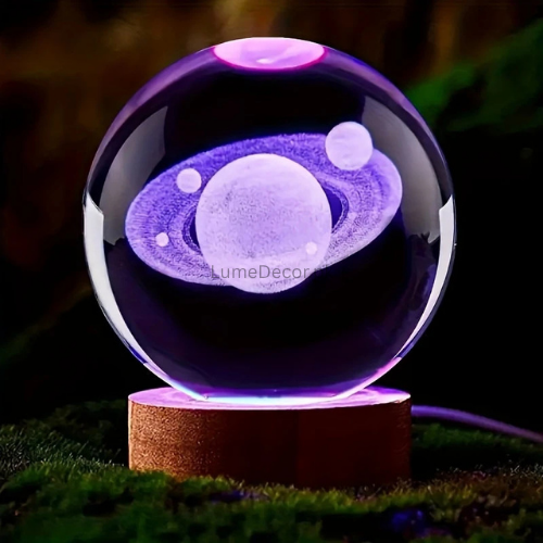 3D Crystal Galaxy Ball LED Night Lamp with Wooden Base (8cm) | LumeDecor