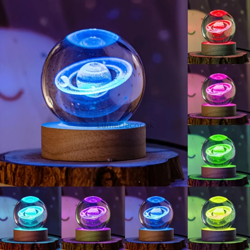 3D Crystal Galaxy Ball LED Night Lamp with Wooden Base (8cm) | LumeDecor
