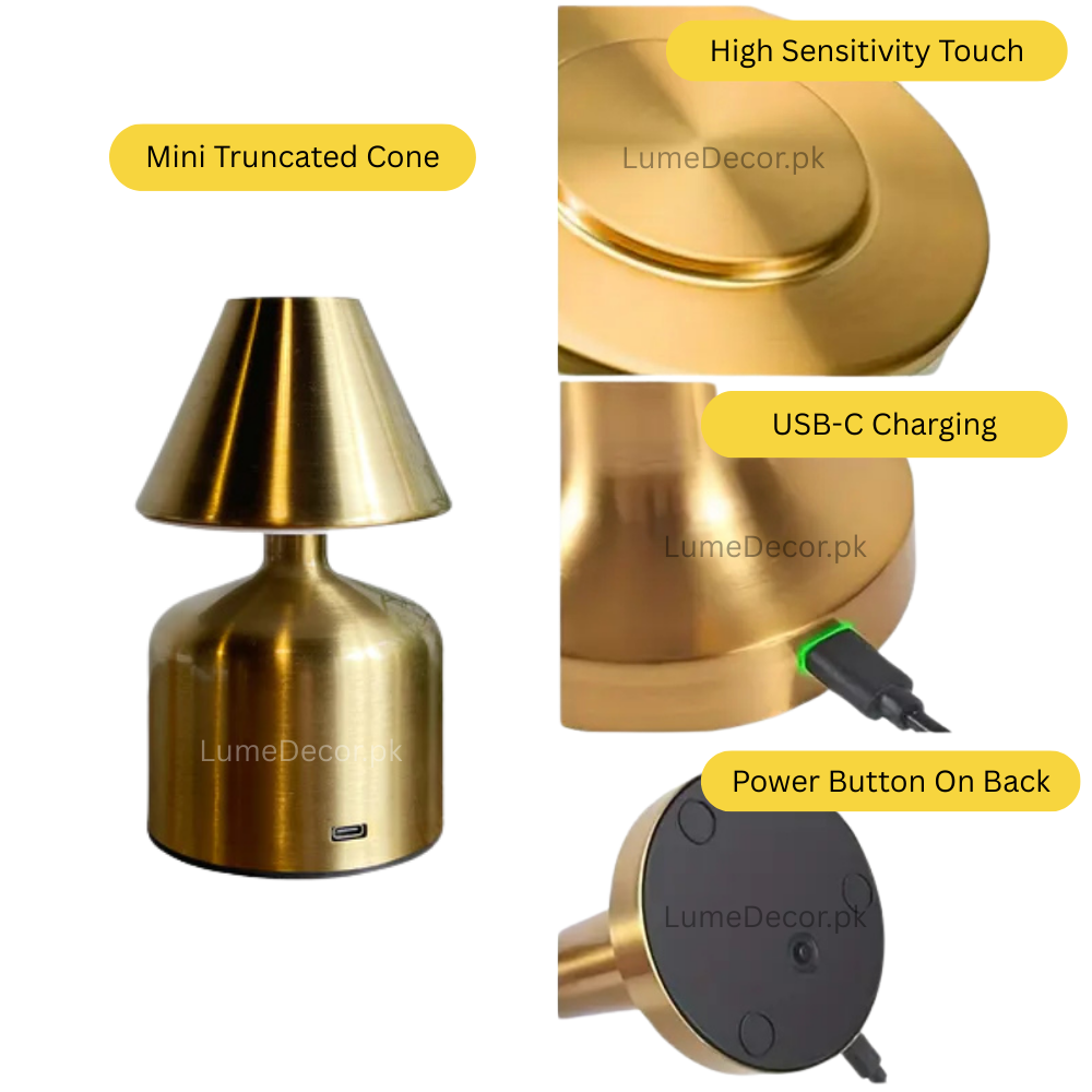 Mini Truncated Cone Soft Touch Metal LED Lamp with Rechargeable Battery | LumeDecor