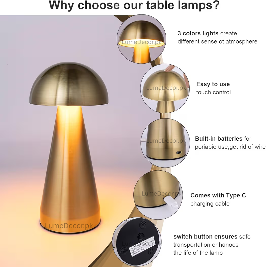 Umbrella Mushroom Shape LED Table Lamp with Rechargeable Battery | LumeDecor